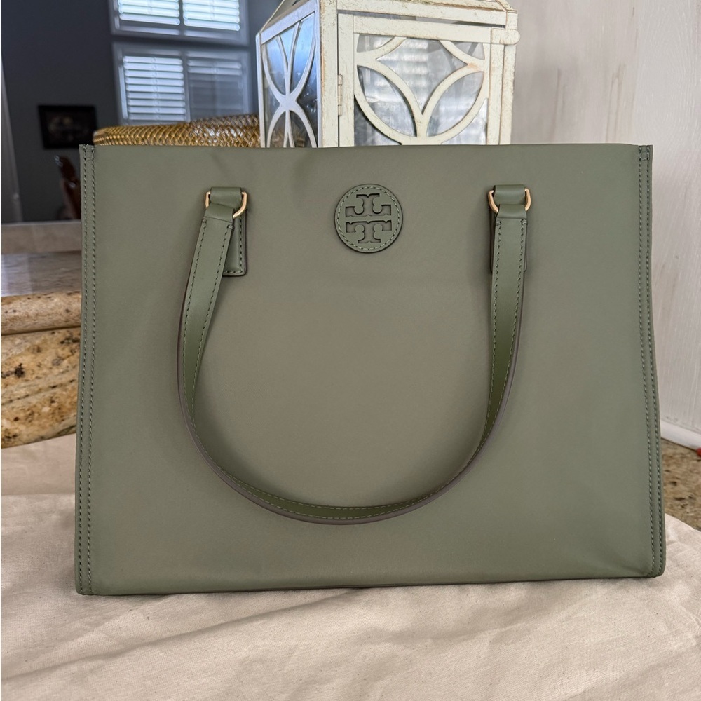 Tory Burch 160633 Ella Small Nylon Tote Handbag Palm Leaf Green